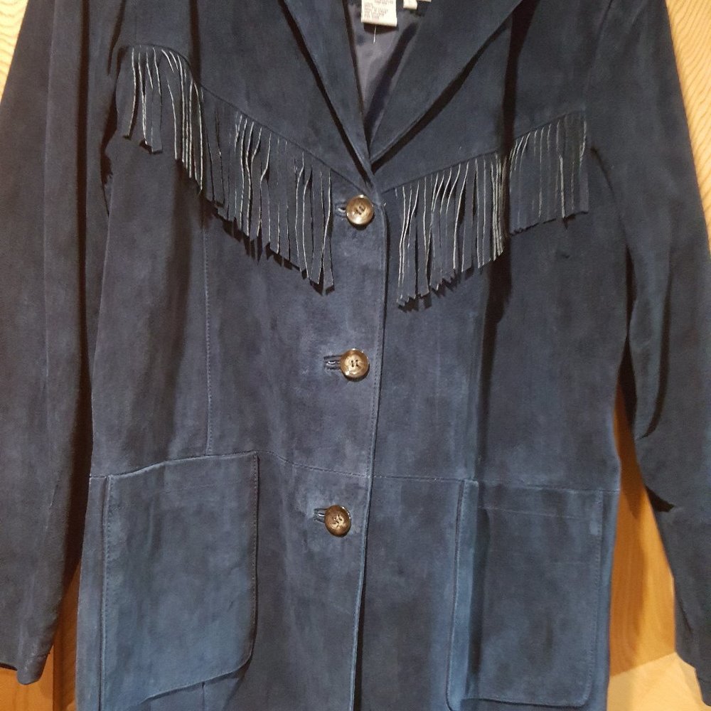 Atlantic Beach Size L Blue Suede Fringed Jacket